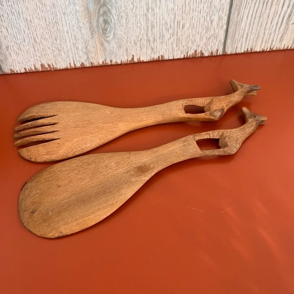 Hand Carved Wooden Giraffe Salad Servers Set 2 Piece Boho African Style Utensils
